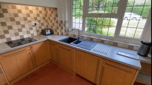 a kitchen with a sink and two windows at Broad Mead in Corfe Castle