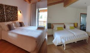 
a hotel room with a bed, chair, and a window at Casas de Campo da Barroca in Tabosa
