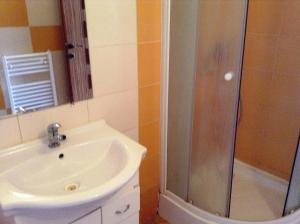 a bathroom with a sink and a shower at Ubytovanie Anka Sučanská in Čachtice