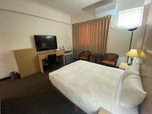 Habitación de hotel con cama y TV de pantalla plana. en Dreamer Hotel, en Budai