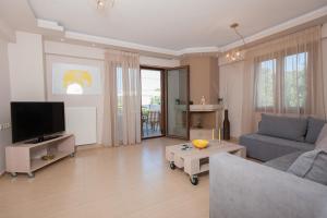 sala de estar con sofá y TV en Villa Harmony-Crete Residences, en Adelianos Kampos