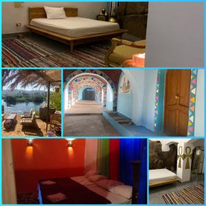 un collage de fotos con una cama y un arco iris en Nubian Farm Aswan en Asuán