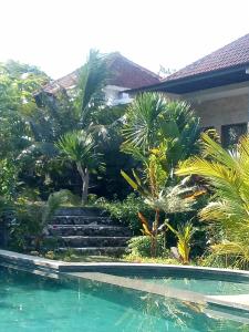 a house with a swimming pool and palm trees at Pier26 Bali Homestay in Nusa Dua