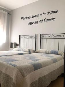 a bed room with a white bedspread and a blue wall at De Sol A Sol in Hornillos del Camino