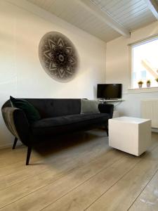 a living room with a black couch and a tv at De Vrije wil in Buren