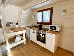 a small kitchen with a stove and a microwave at Chalet Paoletta - Alpe Cermis in Cavalese