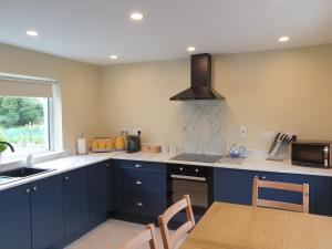 a kitchen with blue cabinets and a table and a microwave at Reed Warbler Cottage in Ballinrobe