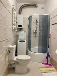 a bathroom with a toilet and a shower at Apartamenty blisko Manufaktury in Łódź
