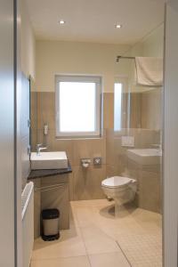 a bathroom with a toilet and a sink and a mirror at Motel Lohwasser in Lichtenau