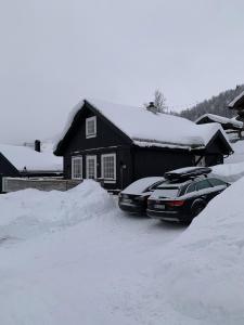 samochód zaparkowany przed domem pokrytym śniegiem w obiekcie Endely - ski inn / ut w mieście Rauland