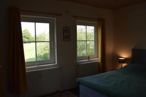a bedroom with two windows and a bed in it at Gîte du cheval blanc d'Houmont in Sainte-Ode