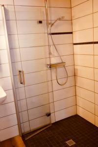 a bathroom with a shower with a hose at FerienTurm in Niederstetten