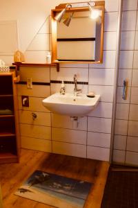 La salle de bains est pourvue d'un lavabo et d'un miroir. dans l'établissement FerienTurm, à Niederstetten