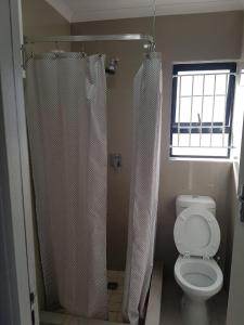 a bathroom with a toilet and a shower curtain at Home On Hussar Guesthouse in Cape Town