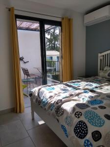 a bedroom with a bed and a sliding glass door at Les Cyclistes in Malaucène