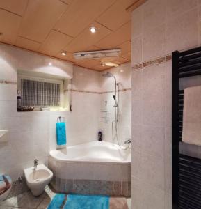 a bathroom with a tub and a toilet and a sink at Ferienwohnung Schwallmann in Wilnsdorf