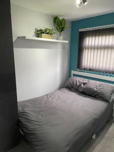 a bed in a bedroom with a blue wall at 52 Cherry Park Chalet in Chapel Saint Leonards
