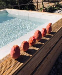 a group of donuts sitting on a table next to a swimming pool at Wooden House at the Mountain-private in Paránimfoi