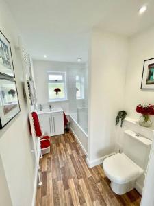 a bathroom with a toilet and a walk in shower at Stylish Boutique Bungalow in Felixstowe