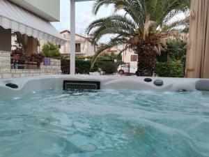 eine Whirlpool-Badewanne im Hinterhof mit einer Palme in der Unterkunft Apartman Hola in Novigrad Istria