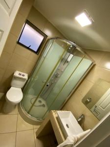 a bathroom with a shower and a toilet and a sink at Hotel San Martin in Cabrero