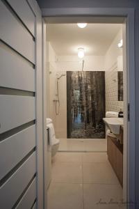 y baño con ducha, aseo y lavamanos. en Olszowa 14 by The River Apartment, en Varsovia