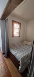 uma cama num quarto com uma janela num quarto em Loft a metros Peatonal sarmiento em Mendoza