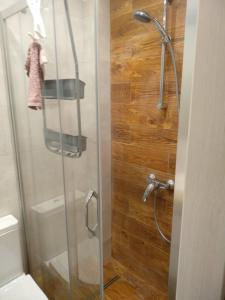 a shower with a glass door in a bathroom at Oksywski bulwar in Gdynia