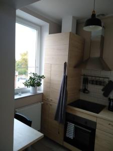 a kitchen with wooden cabinets and a sink and a window at Oksywski bulwar in Gdynia