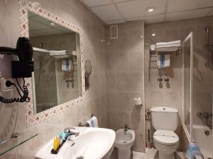 a bathroom with a sink and a toilet and a mirror at Hotel Casa Morlans in Panticosa