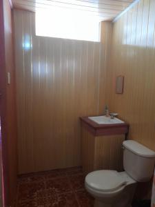 a bathroom with a toilet and a sink at Hostal & Cabins Lidia's House, Forest and Ocean View in Drake