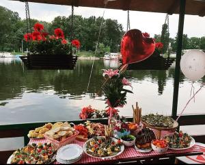 ein Buffet mit Speisen auf einem Tisch neben einem Wasserkörper in der Unterkunft Nature and atractive house in Belgrad