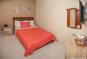 1 dormitorio con 1 cama con manta roja y espejo en Hotel Casa Aragon, en Cartago