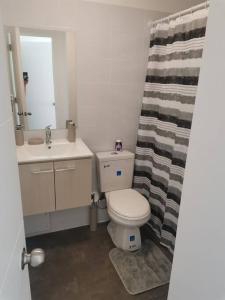 ein Badezimmer mit Toilette, Waschbecken und Duschvorhang in der Unterkunft Hermoso departamento full equipado in Coquimbo