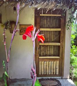 una flor roja está delante de un edificio en Cabañas Mannan, en Tanchachín