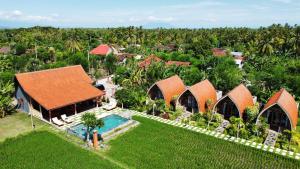 バニュウェダンにあるUmma Bali Menjangan Retreatのスイミングプール付きの家屋の空中ビュー