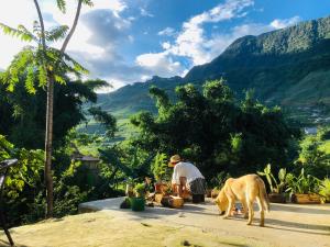 ein Mann und ein Hund stehen neben einem Berg in der Unterkunft Indi house in Sa Pa