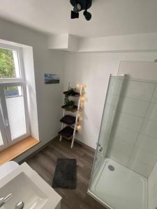 a bathroom with a sink and a glass shower at FeWo Jade in Wilhelmshaven +12 photos