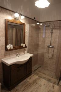 ein Bad mit einem Waschbecken und einer Dusche mit einem Spiegel in der Unterkunft Villa Manca in San Severino Lucano
