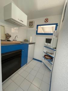 una piccola cucina con lavello e microonde di T2 mezzanine Seignosse Océan plein coeur du Penon a Seignosse