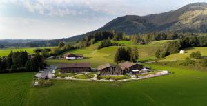 une vue aérienne sur une maison dans un champ verdoyant dans l'établissement Boutique-Hotel LARTOR, à Unterammergau
