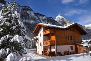 a house in the snow next to a mountain at Cesa Mandi e Miky in Canazei