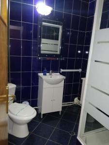 a blue tiled bathroom with a toilet and a sink at Casa Regala EAR in Craiova