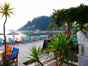 a group of chairs and tables and plants on a beach at Blue Sea Beach Hotel in Skala Potamias