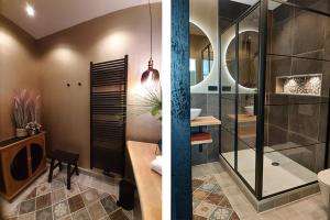 two pictures of a bathroom with a shower and a toilet at B and B Suite No.3 in Gorinchem