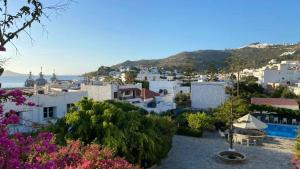 a view of a town from a hill with flowers at Skala Hotel in Skala