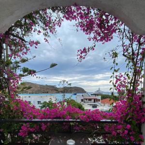 a view from a window with pink flowers at Skala Hotel in Skala