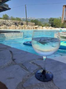 een glas wijn op een tafel naast een zwembad bij B&B WELLNESS MAMA MIA in Obrovac