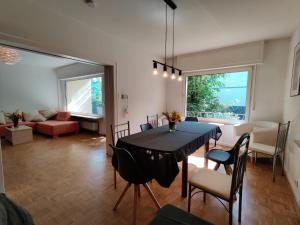 een eetkamer met een tafel en stoelen en een bank bij Schaefer Apartments - Villa Bischof in Offenbach