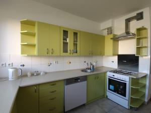 a kitchen with yellow and green cabinets and a sink at Pokoje u Marii i Piotra in Brzozów
